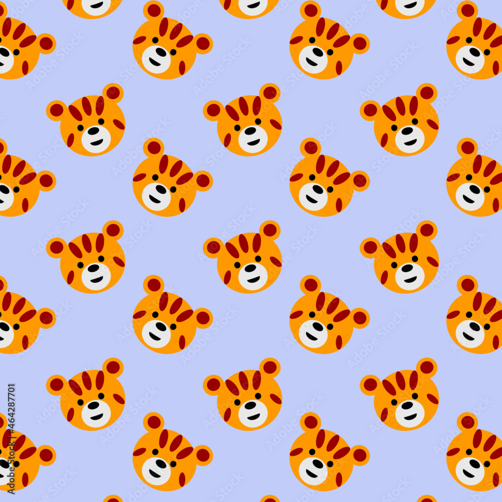 Pattern with a brightly colored tiger with a cute smile. Pattern with a brightly colored tiger with a cute smile.