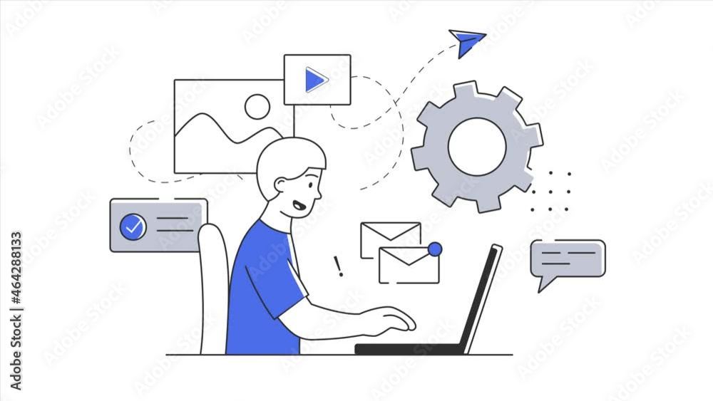 Office clerk get alert from incoming email, chatting with collegues, sorting correspondence concept. Symbolic icons moving around character. Animation isolated on white background. Office clerk get alert from incoming email, chatting with collegues, sorting correspondence concept. Symbolic icons moving around character. Animation isolated on white background.
