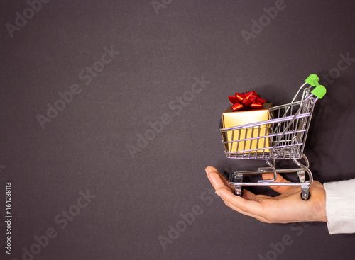 A female hand holds a metal trolley with a box on a black background with empty space for text. Black Friday sale.