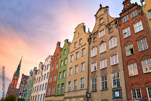 View of Dlugi Targ or the Long Market, the main tourist attraction of Gdansk, Poland. Many beautiful old houses including the Town Hall and Artus Court.