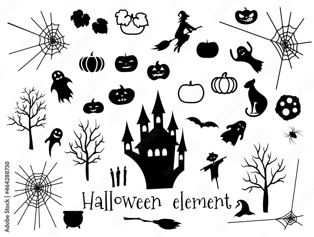 Set of elements for halloween. Black isolated silhouettes. Attributes of the witch and pumpkin. Vector illustration Set of elements for halloween. Black isolated silhouettes. Attributes of the witch and pumpkin. Vector illustration