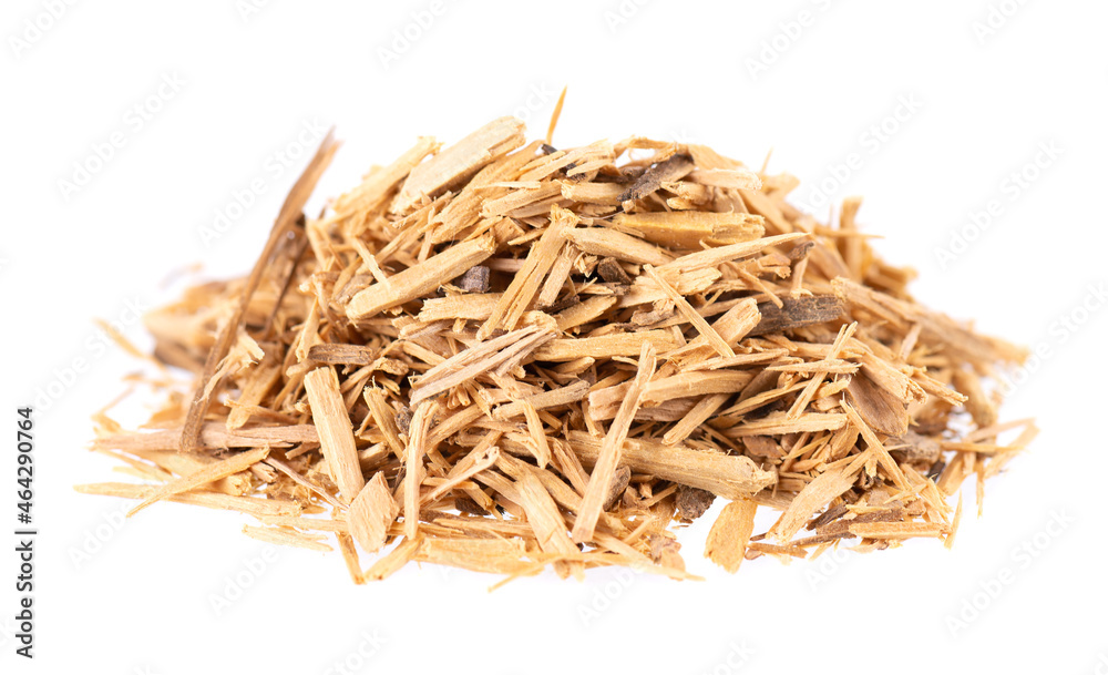 Muira Puama herbal tea, isolated on white background. Natural potency wood, medicinal plant, dry tea. Ptychopetalum olacoides.