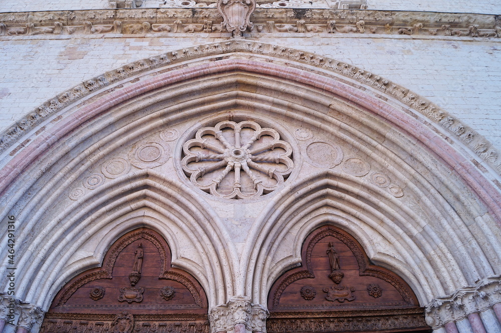 Detail of the facade of the upper part of the basilica of San Francesco in Assisi, Italy