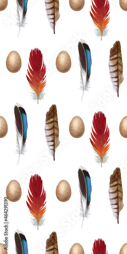 Seamless pattern with egg and feather. Background. Hand-drawn illustration, colored © Victoria Novak