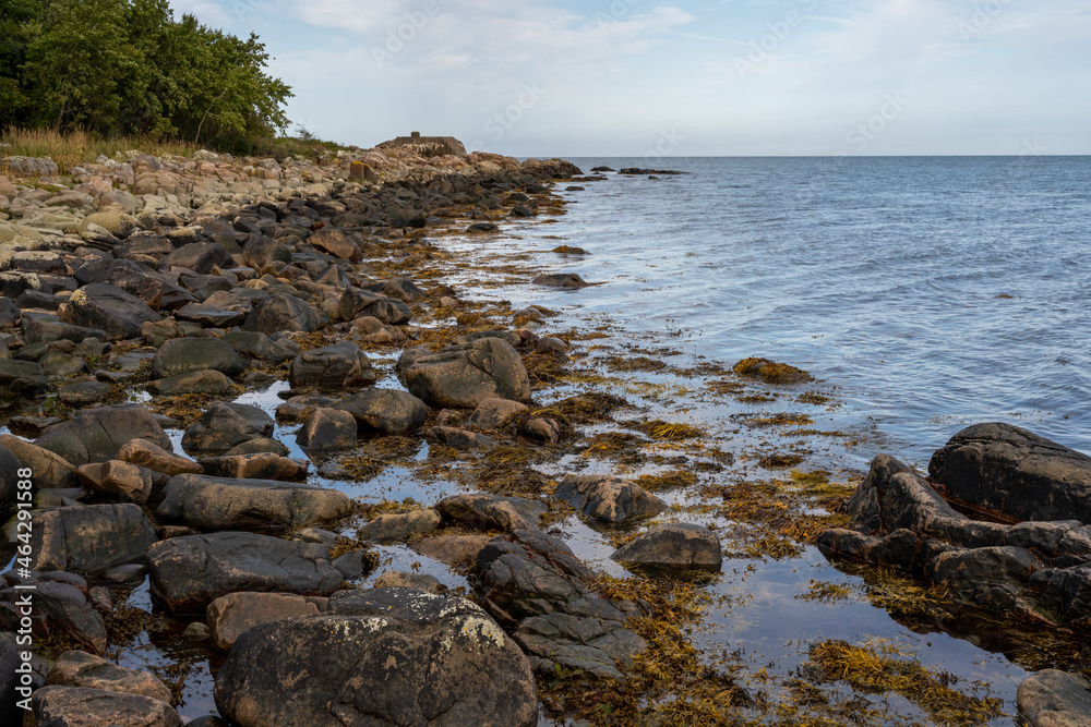 A rocky shoreline with blue water and a blu sky in the background. Picture from Skalderviken, southern Sweden