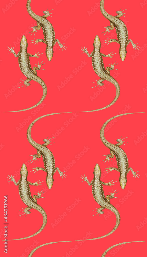 Fototapeta premium Seamless pattern with lizards. Forest background. Hand-drawn illustration, colored