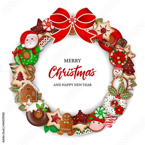 Christmas wreath with cakes, candies and cookies