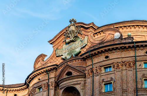 Palazzo Carignano, historical building in the centre of Turin, Italy, built in the 17th century in bricks in Baroque-style for the Savoy royal family, now house of the Museum of the Risorgimento. photo