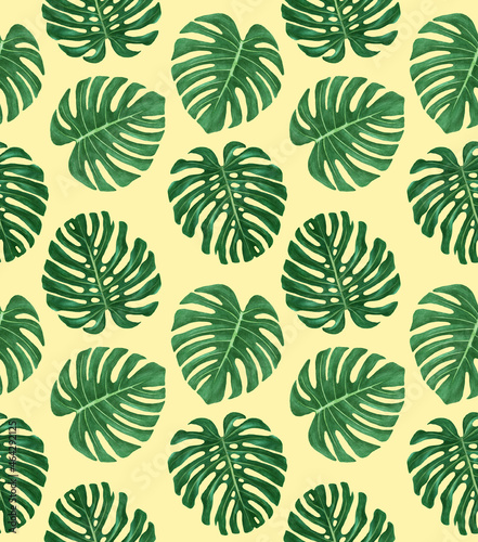Seamless Pattern with hand-drawn palm leaves, digitally colored