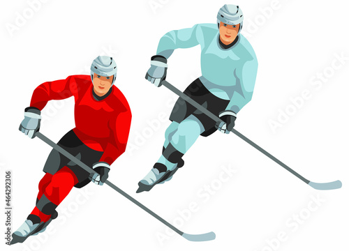 Two hockey players in red and blue sports uniforms are skating on ice and holding a stick in their hands