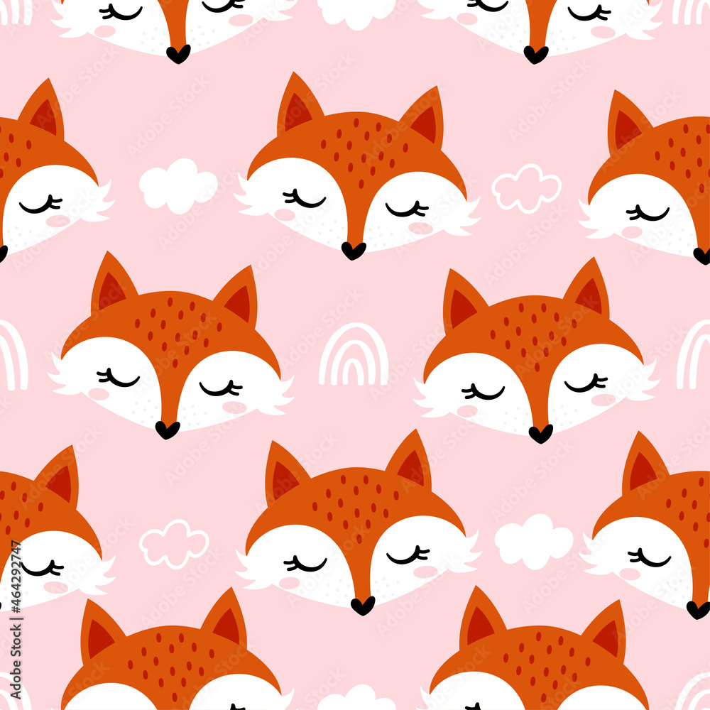 Cute fox pattern design with Fox heads and clouds on rose background - funny hand drawn doodle, seamless pattern. Background or t-shirt textile graphic design. Wallpaper, wrapping paper, bedsheets. Cute fox pattern design with Fox heads and clouds on rose background - funny hand drawn doodle, seamless pattern. Background or t-shirt textile graphic design. Wallpaper, wrapping paper, bedsheets.