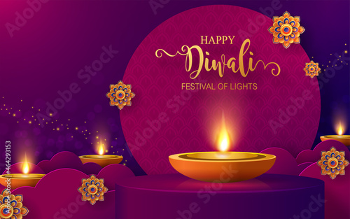 Diwali, Deepavali or Dipavali the festival of lights india with gold diya patterned and crystals on paper color Background.
