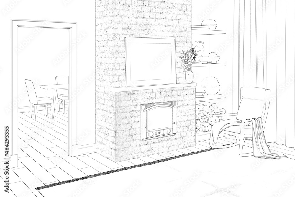 Fototapeta premium Sketch of the room with a horizontal poster and flowers in a vase on the mantelpiece, a chair near the fireplace, a niche with decor near the window, a doorway overlooking the dining room. 3d render