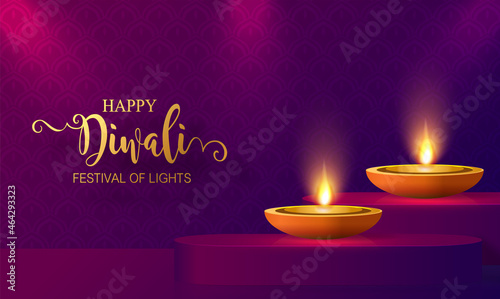 Diwali, Deepavali or Dipavali the festival of lights india with gold diya patterned and crystals on paper color Background.
