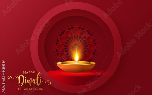 Diwali, Deepavali or Dipavali the festival of lights india with gold diya patterned and crystals on paper color Background.
