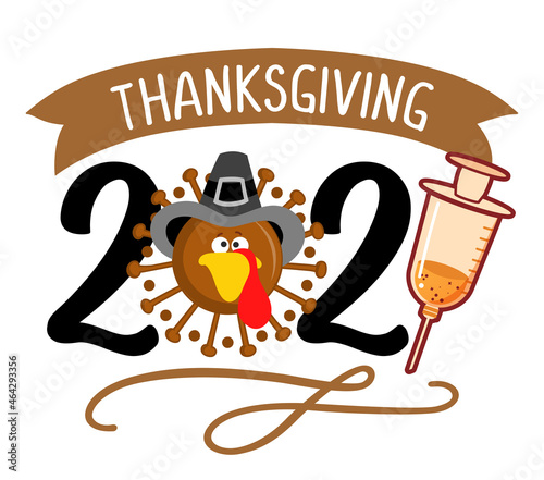 Happy Thanksgiving 2021 - Thanksgiving Day poster with cute turkey wearing mask. Autumn color poster. Awareness lettering phrase. Coronavirus (2019-nCoV) Concept of self isolation times. Stop Covid-19