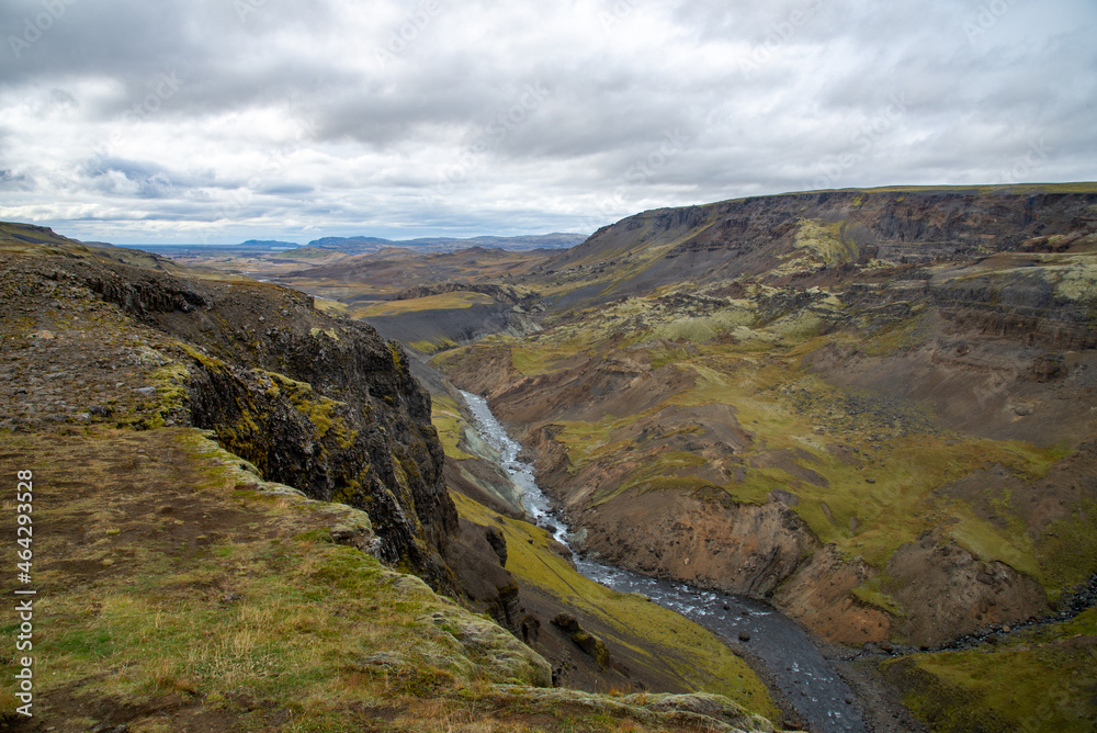 Vast Iceland landscape with dramatic clouds and river