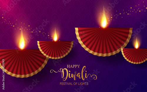 Diwali, Deepavali or Dipavali the festival of lights india with gold diya patterned and crystals on paper color Background.
