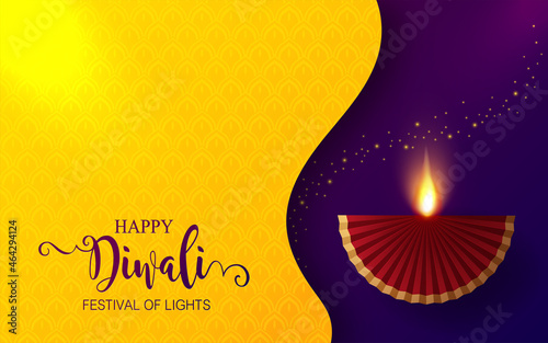 Diwali, Deepavali or Dipavali the festival of lights india with gold diya patterned and crystals on paper color Background.
