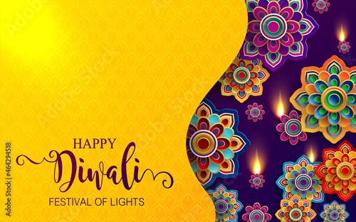 Diwali, Deepavali or Dipavali the festival of lights india with gold diya patterned and crystals on paper color Background.
