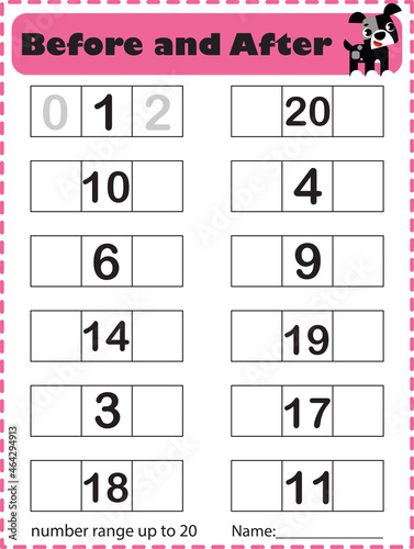 A math number worksheet illustration. Before and after numbers. Animal cards.