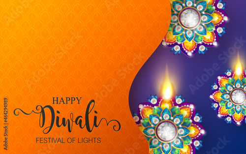 Diwali, Deepavali or Dipavali the festival of lights india with gold diya patterned and crystals on paper color Background.
