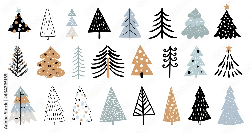 Christmas winter collection with trees, isolated on white, different seasonal design, doodle shapes