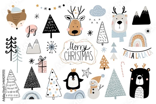 Christmas winter elements collection isolated, cute animals  seasonal design, items set for kids, textile clothes and scrapbook, doodle shape 
