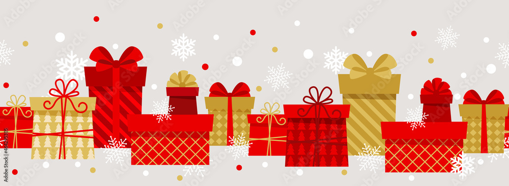 Christmas border with red gift boxes and snowflakes. Seamless pattern. Horizontal banner. Vector illustration 