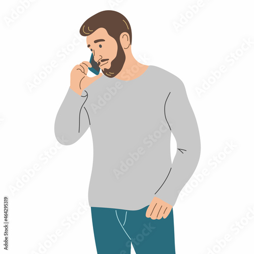 A man with a smartphone in his hand, calling on a mobile phone or listening to a message. Flat vector illustration.