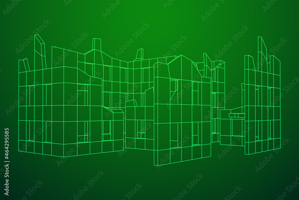 Destroyed building ruin and concrete, war destruction concept. Wireframe low poly mesh vector illustration. Destroyed building ruin and concrete, war destruction concept. Wireframe low poly mesh vector illustration.