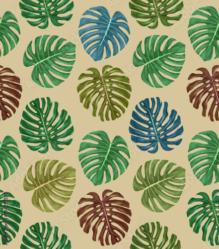 Seamless Pattern with hand-drawn palm leaves  digitally colored