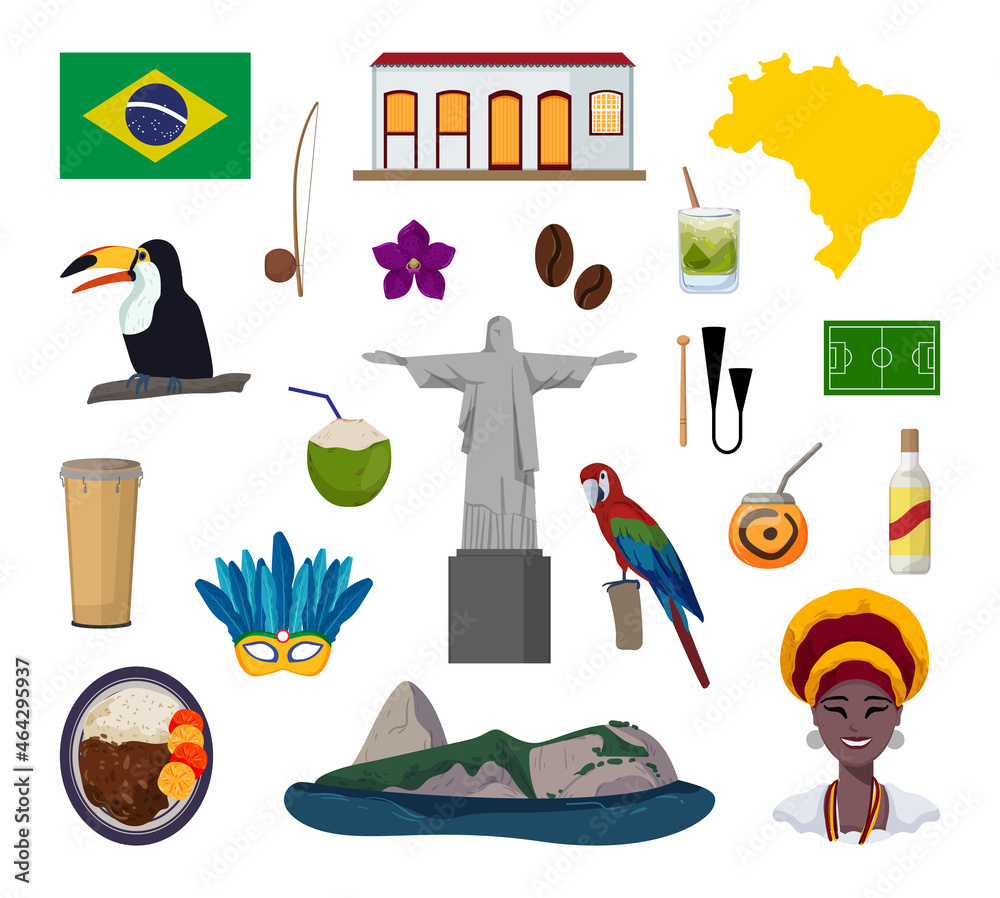 Vector objects associated with Brazil. Illustrations of Brazilian landmarks in modern flat style.