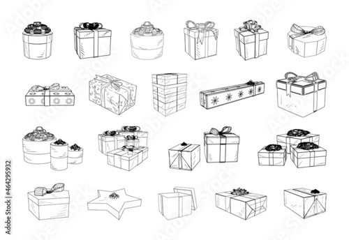Collection of monochrome illustrations of gift boxes in sketch style. Hand drawings in art ink style. Black and white graphics.