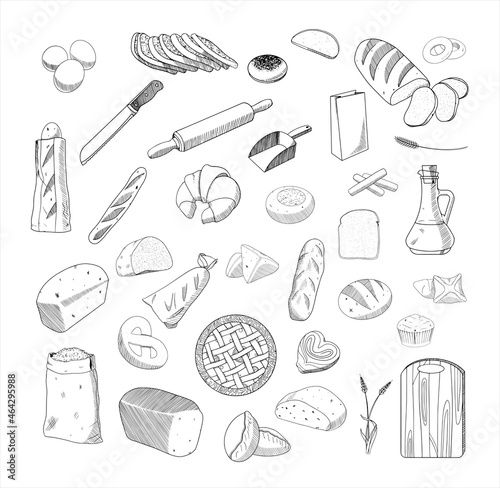Set of monochrome vector illustrations of bread in sketch style. Collection of hand drawings in art ink style. Black and white graphics.