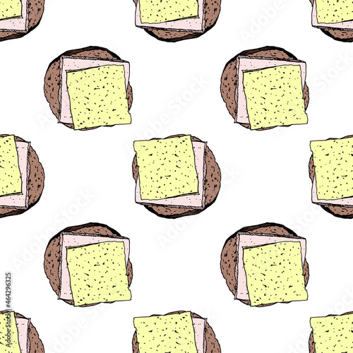 A sandwich pattern. seamless pattern of bread with ham and cheese in color. a sandwich with breakfast products of a round square shape of dark brown color with square slices of yellow cheese and pink 