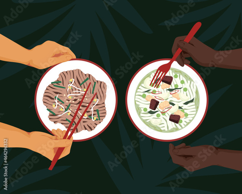 Interracial people eating Asian Thai cuisine 