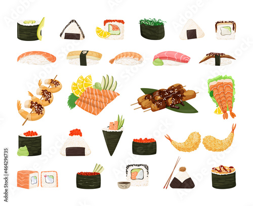 Collection of detailed Asian food. Seafood dishes.