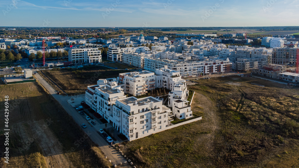 Aerial view of an isolated appartment building in the new town of Val d'Europe in Marne La Vallée near Paris, France - ZAC des Studios will be a residential area connected to Disneyland Paris