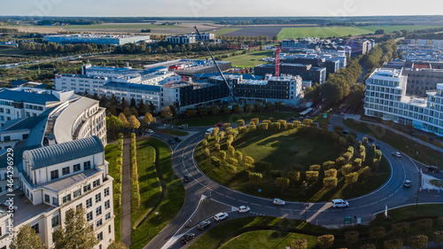 Aerial view of a roundabout the new town of Val d'Europe in Marne La Vallée, in the eastern suburbs of Paris, France - Modern offices in development photo