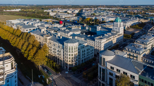 Aerial view of the new town of Val d'Europe in Marne La Vallée, in the eastern suburbs of Paris, France - Modern residential appartment buildings and offices in development
