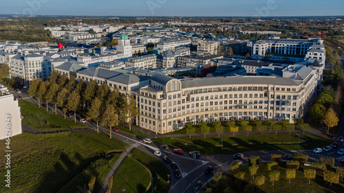 Aerial view of a curved office building near a roundabout in the new town of Val d'Europe in Marne La Vallée, in the eastern suburbs of Paris, France