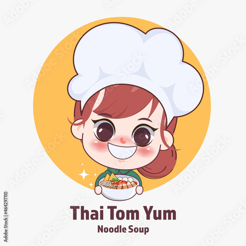 Happy cute girl chef cooking Thai Tom-yum noodle soup cartoon art illustration.