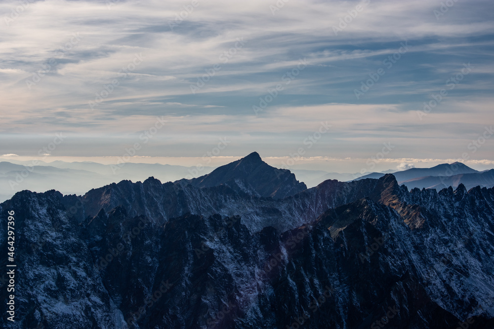 Sunset over iconic peaks of High Tatras mountains national park in Slovakia