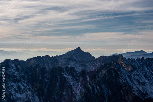 Sunset over iconic peaks of High Tatras mountains national park in Slovakia