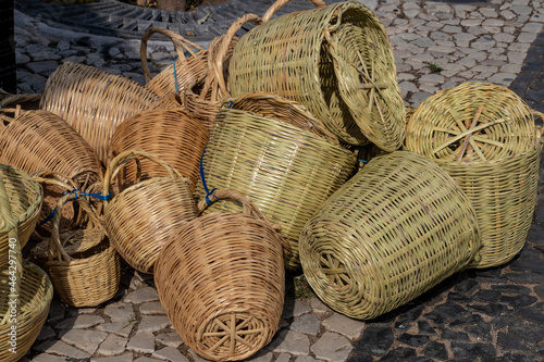 Wicker baskets for sale at a street market photo