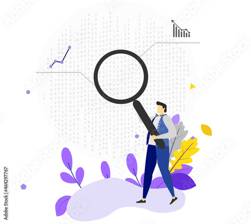 Analyst looking at digits and diagrams through magnifying glass.