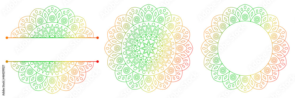Set of flower mandalas. Split pattern in form of mandala for Henna Mehndi or tattoo decoration. Decorative ornament in ethnic oriental style, vector illustration.