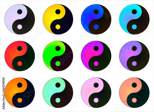 Yin yang symbol in different colors black blackish and other colors gradient