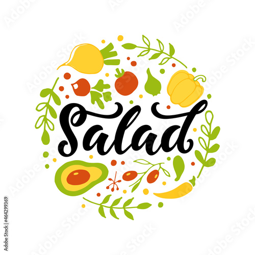 Salad handwritten text with vegetables. Hand lettering typography. Modern brush calligraphy for salad bar, vegan menu, poster, card, banner. Vector doodle illustration isolated on white background